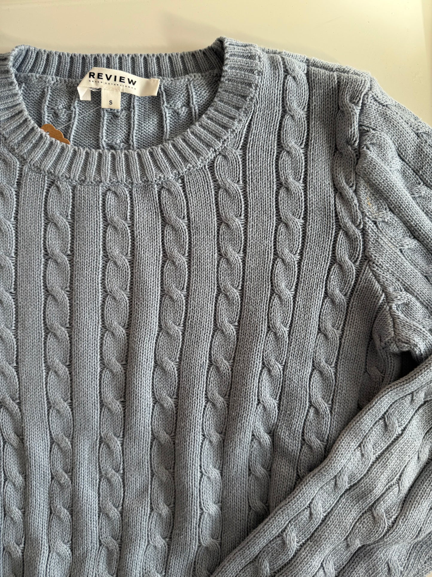 REVIEW Pullover Strick Cropped Zopfmuster hellblau 164