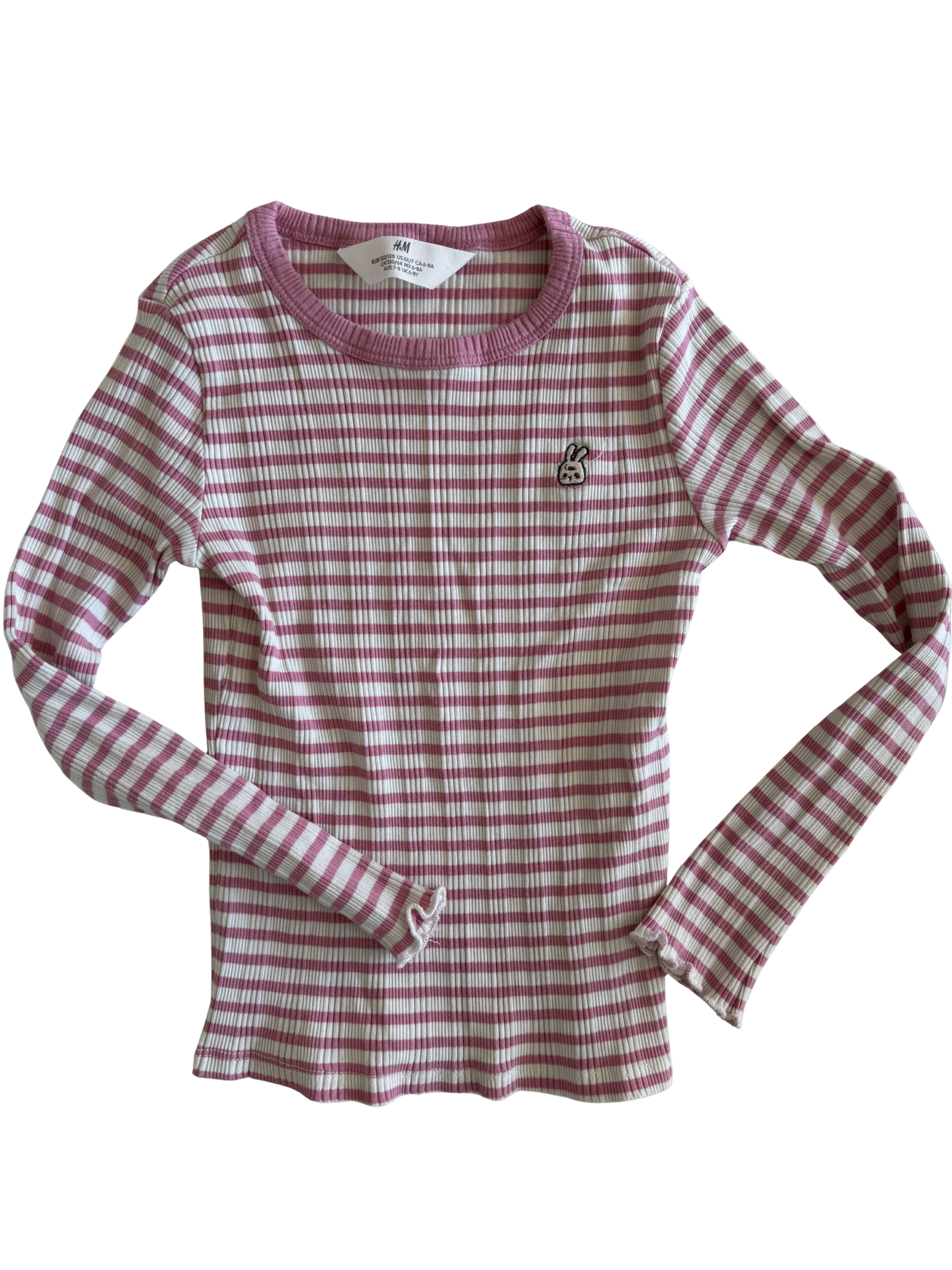 H&M Langarmshirt Ripp pink weiß 122/128