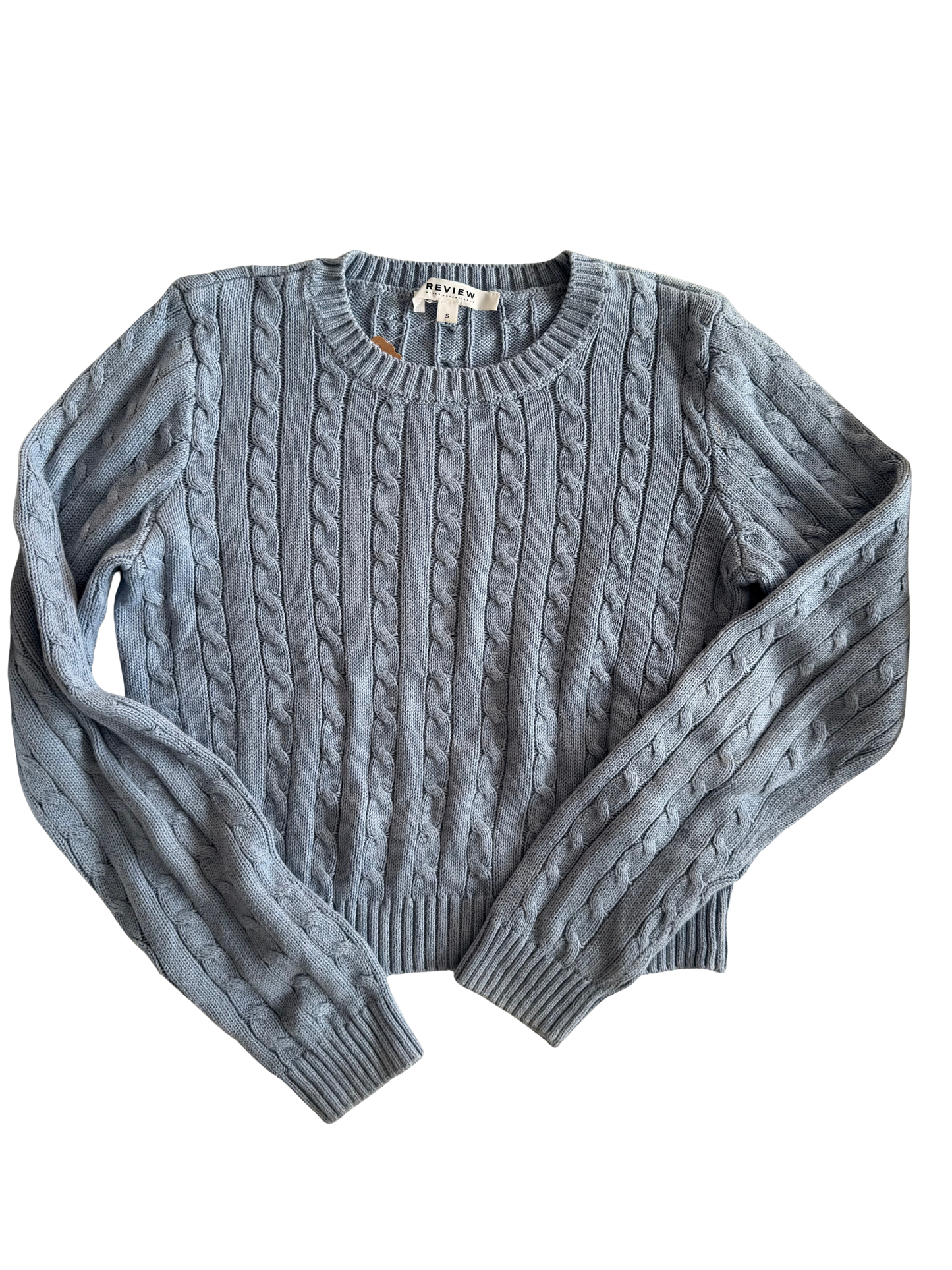 REVIEW Pullover Strick Cropped Zopfmuster hellblau 164