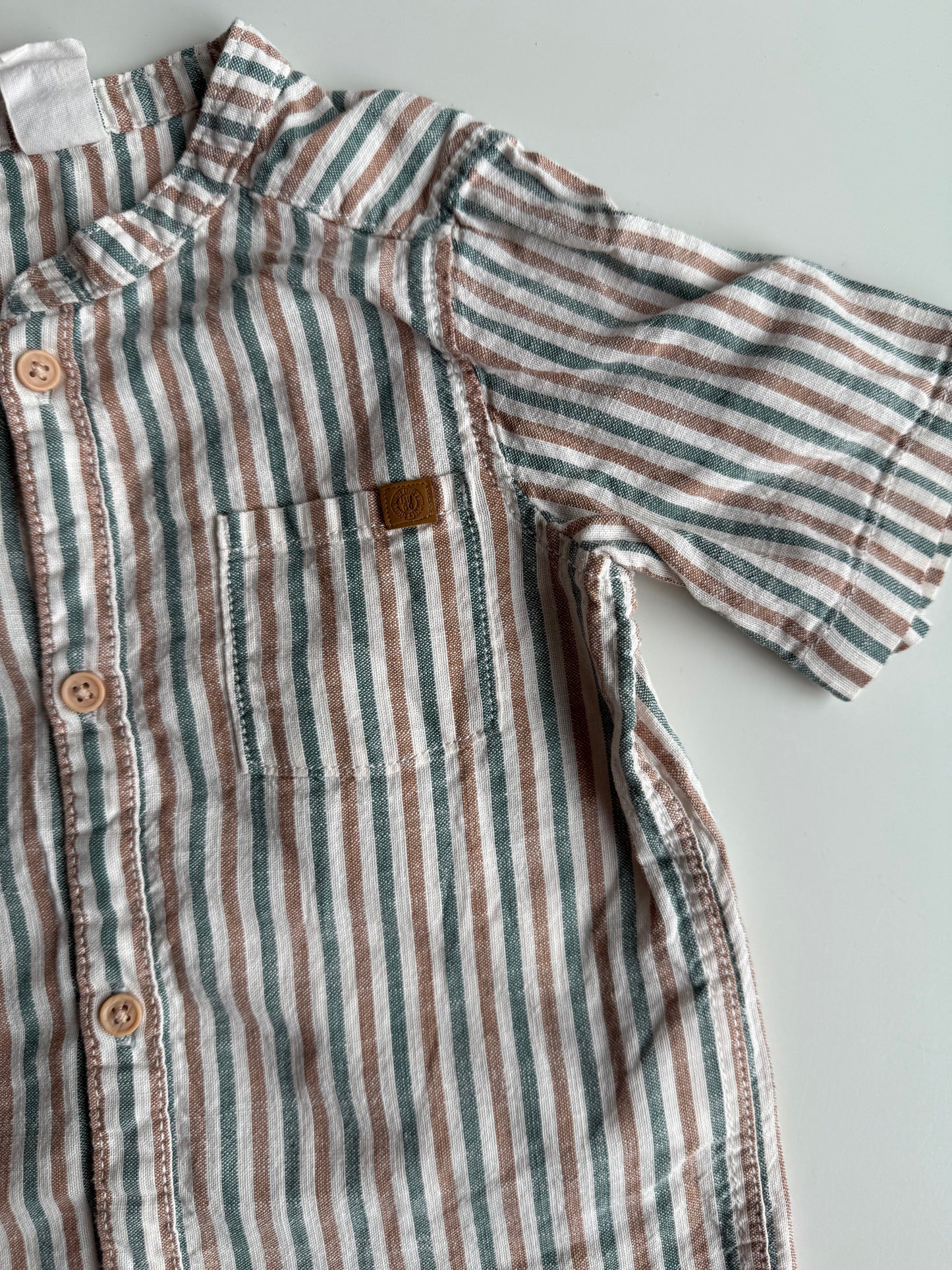 H&M Hemd Kurzarm Streifen braun blau weiß 86