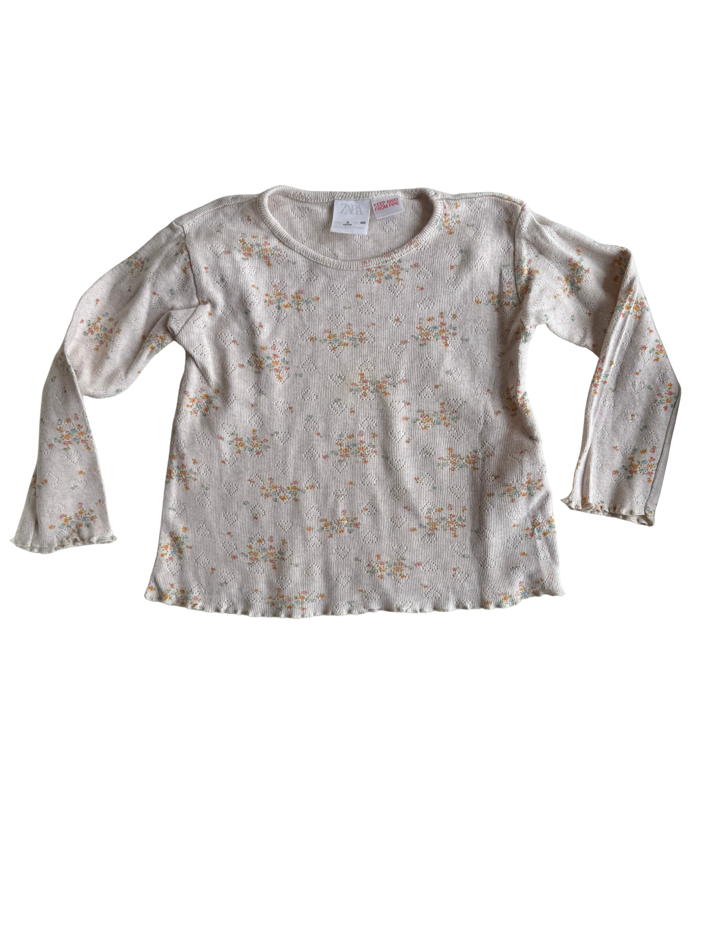 ZARA Langarmshirt Ripp beige Streublumen 98