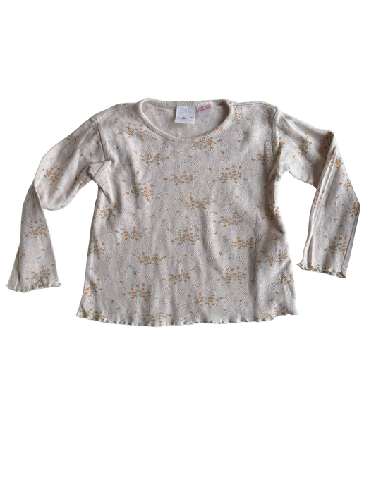 ZARA Langarmshirt Ripp beige Streublumen 98